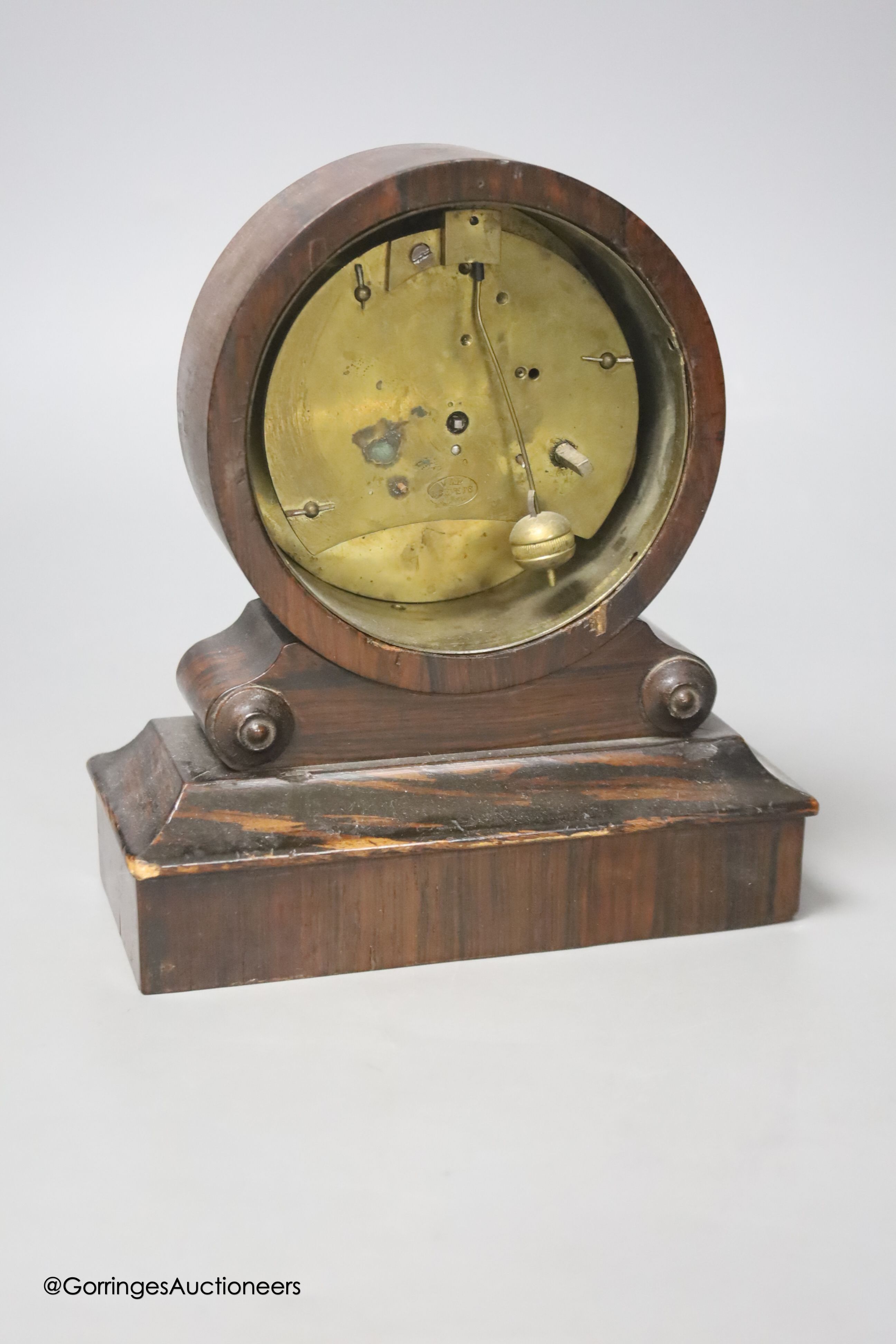 A 19th century French VAP rosewood drum case timepiece, height 17cm